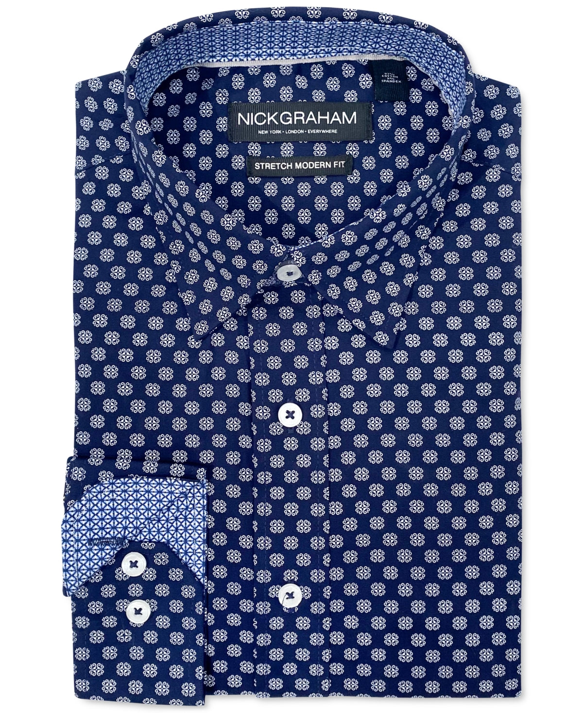 Nick Graham Mens Modern Fit Medallion Button Down Dress Shirt Navy 15.5 32 33