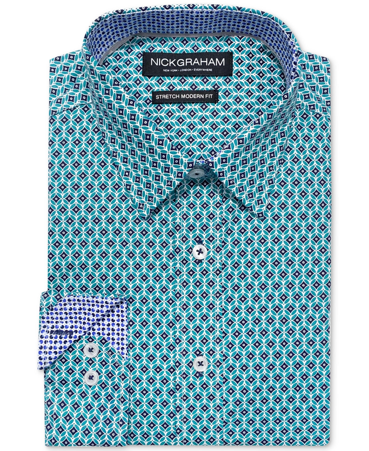 Nick Graham Men's Modern Fit Dot Diamond Dress Shirt 16 16.5 34 35 Green