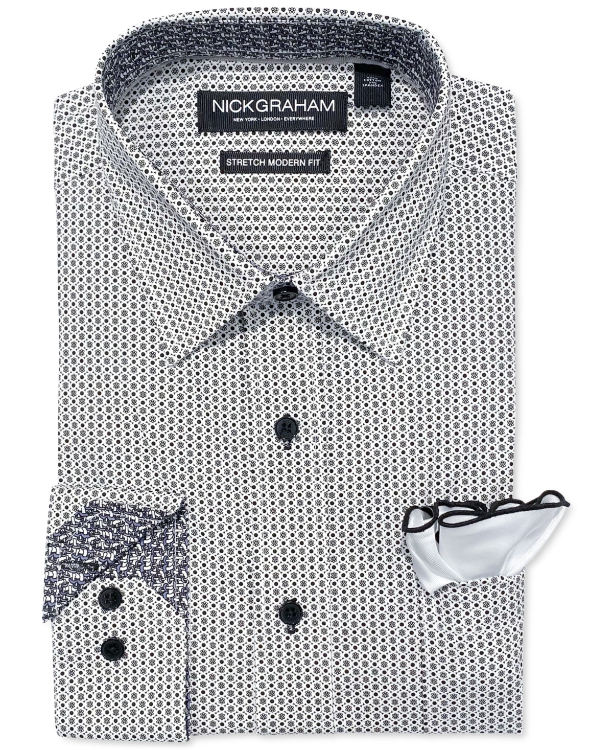 Nick Graham Men's Modern Fit Medallion Dress Shirt Black White 18 18.5 36 37