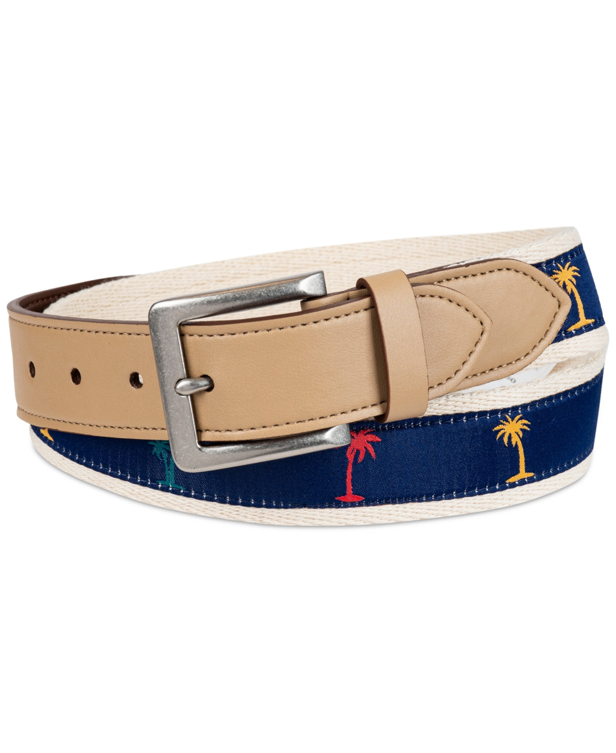 Club Room Men's Palm Tree Ribbon Belt Beige Blue Medium 34 to 36