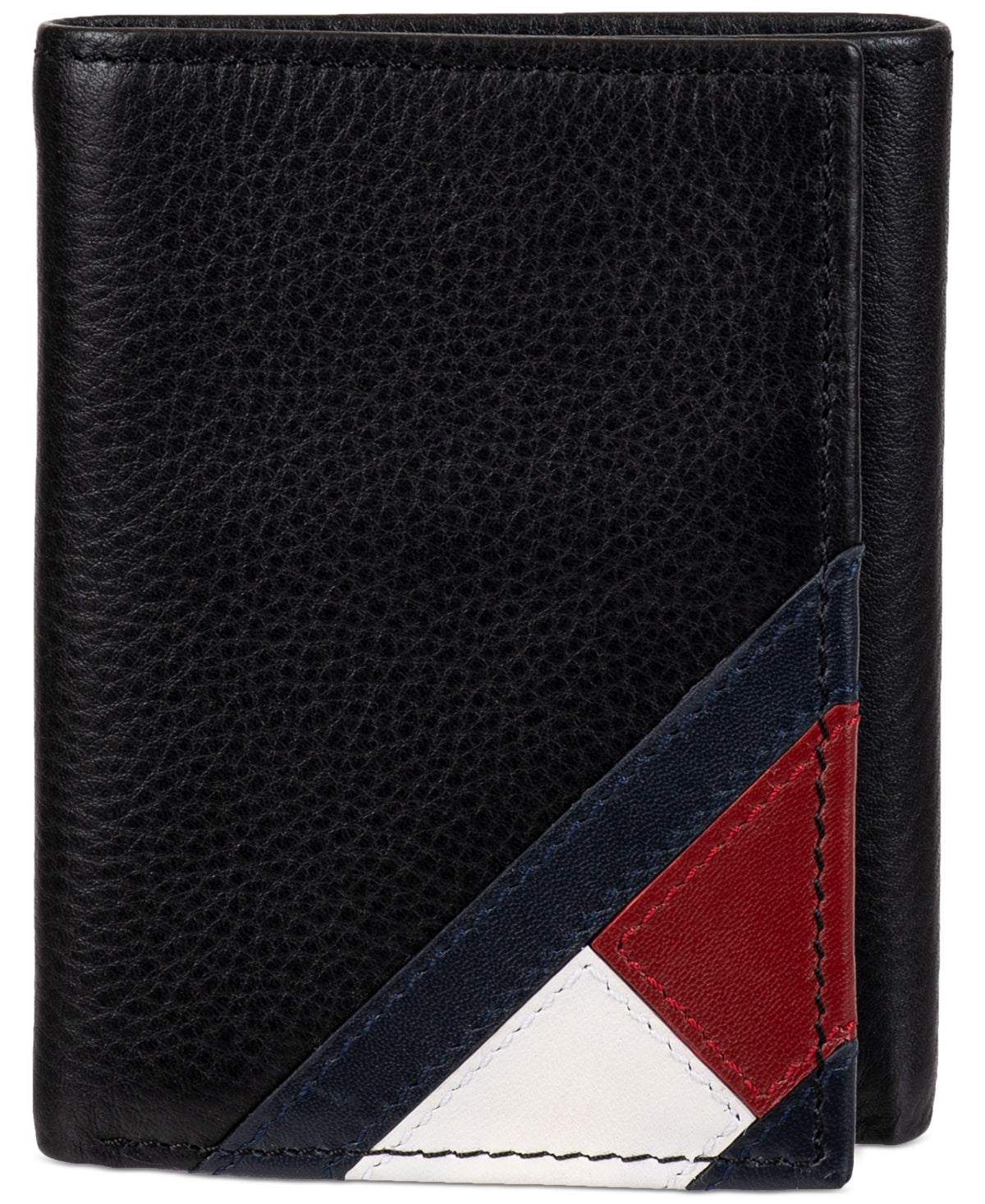Tommy Hilfiger Men's Orson II Angled Flag Trifold Leather Wallet Black White