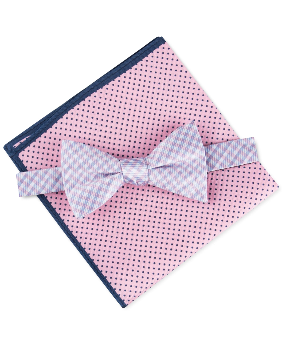 Tommy Hilfiger Mens Pink Gingham Bow Tie and Pocket Square Set