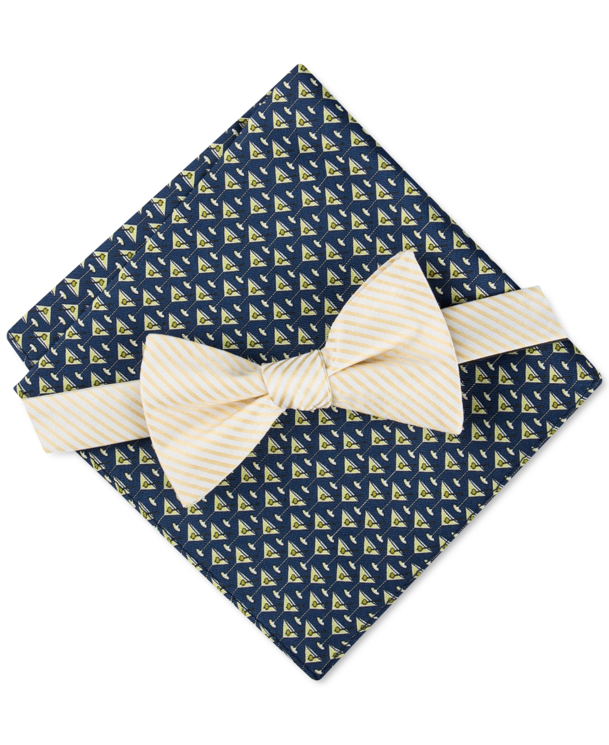 Tommy Hilfiger Men's Stripe Bow Tie Necktie Martini Pocket Square Set Yellow