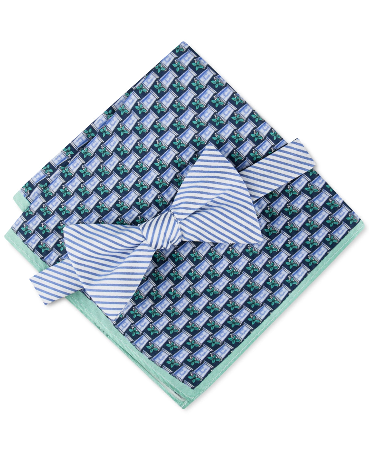 Tommy Hilfiger Men's Stripe Bow Tie Julep Pocket Square Set Blue