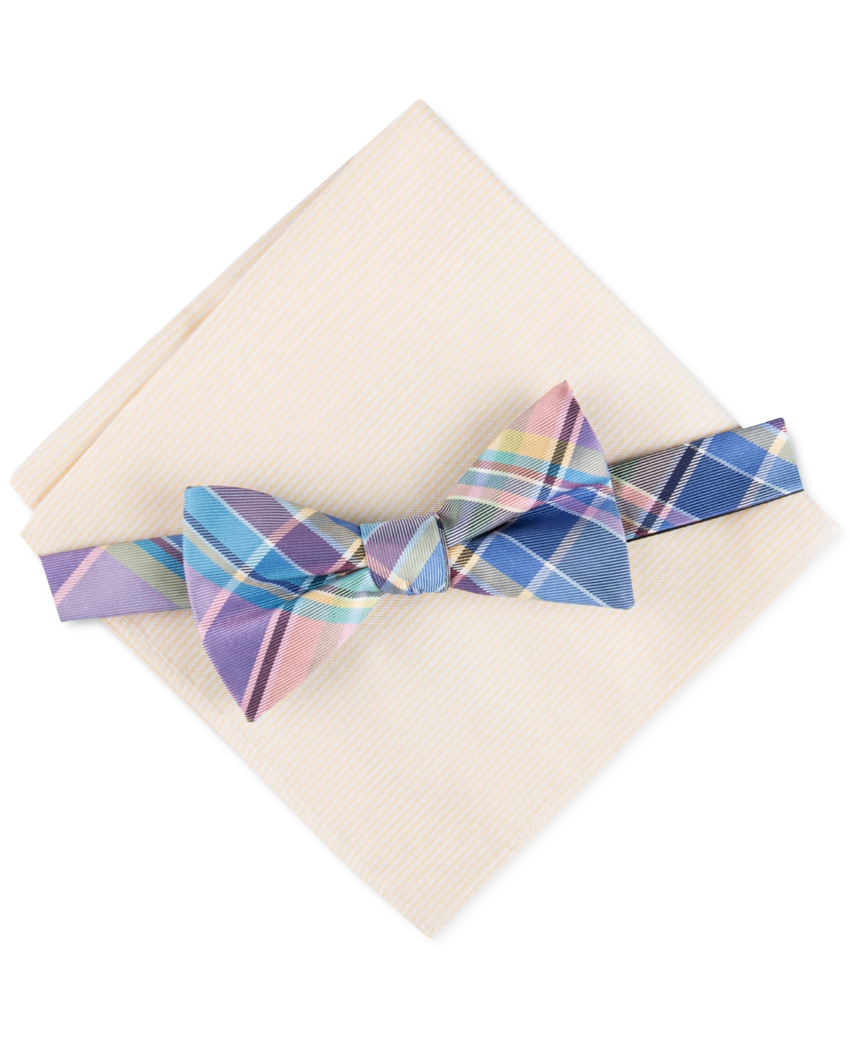Tommy Hilfiger Men's Plaid Bow Tie Necktie Oxford Pocket Square Set Yellow Multi