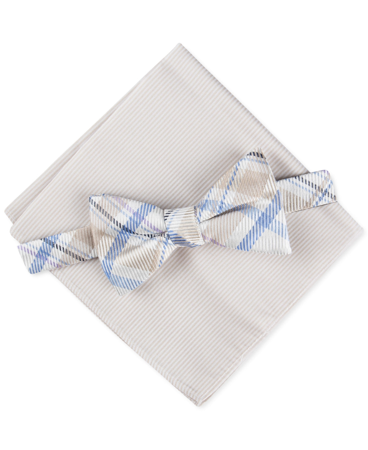 Tommy Hilfiger Men's Plaid Bow Tie Necktie Oxford Pocket Square Set Beige