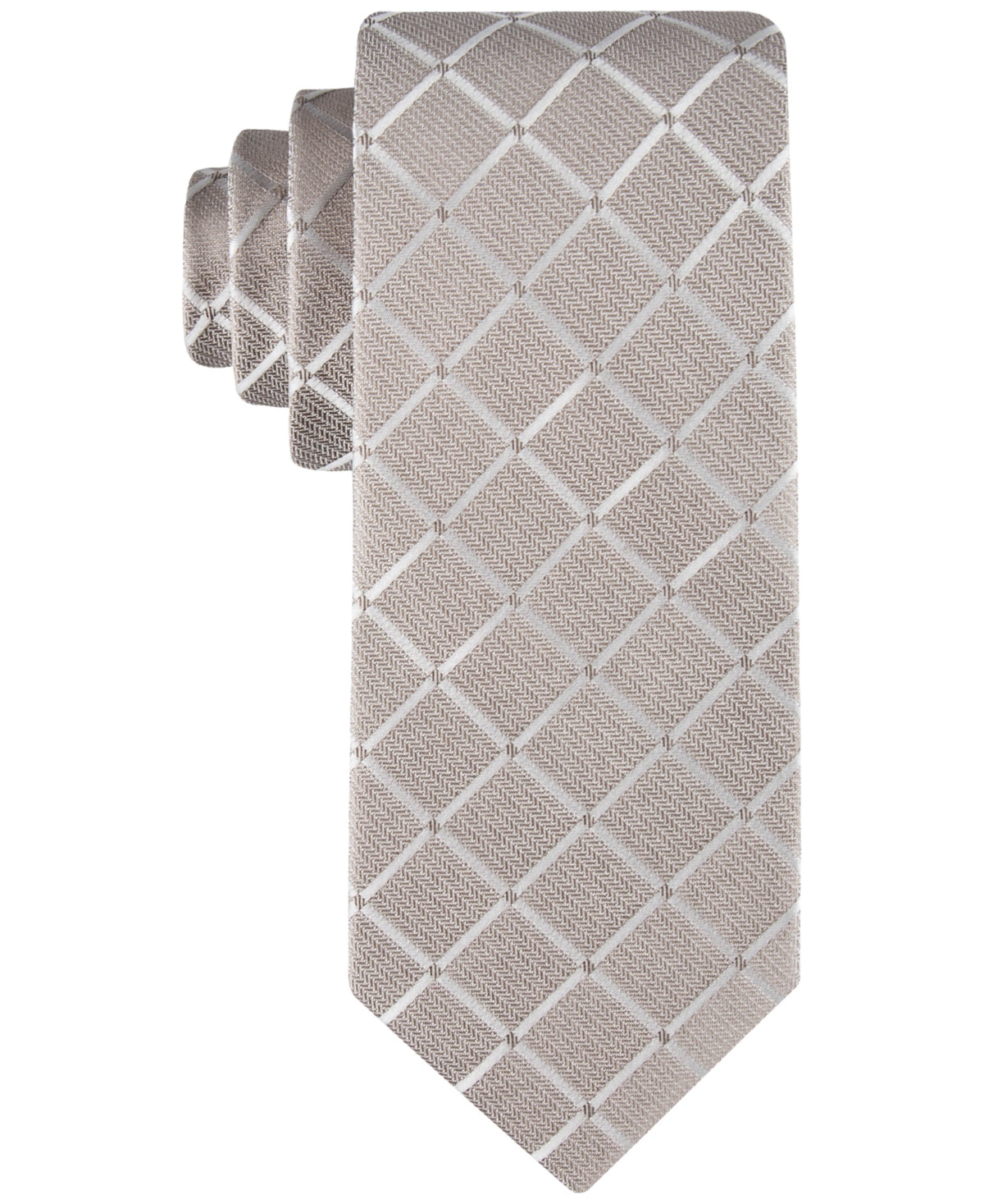 Calvin Klein Men's Necktie Taupe Herringbone Grid Tie OS