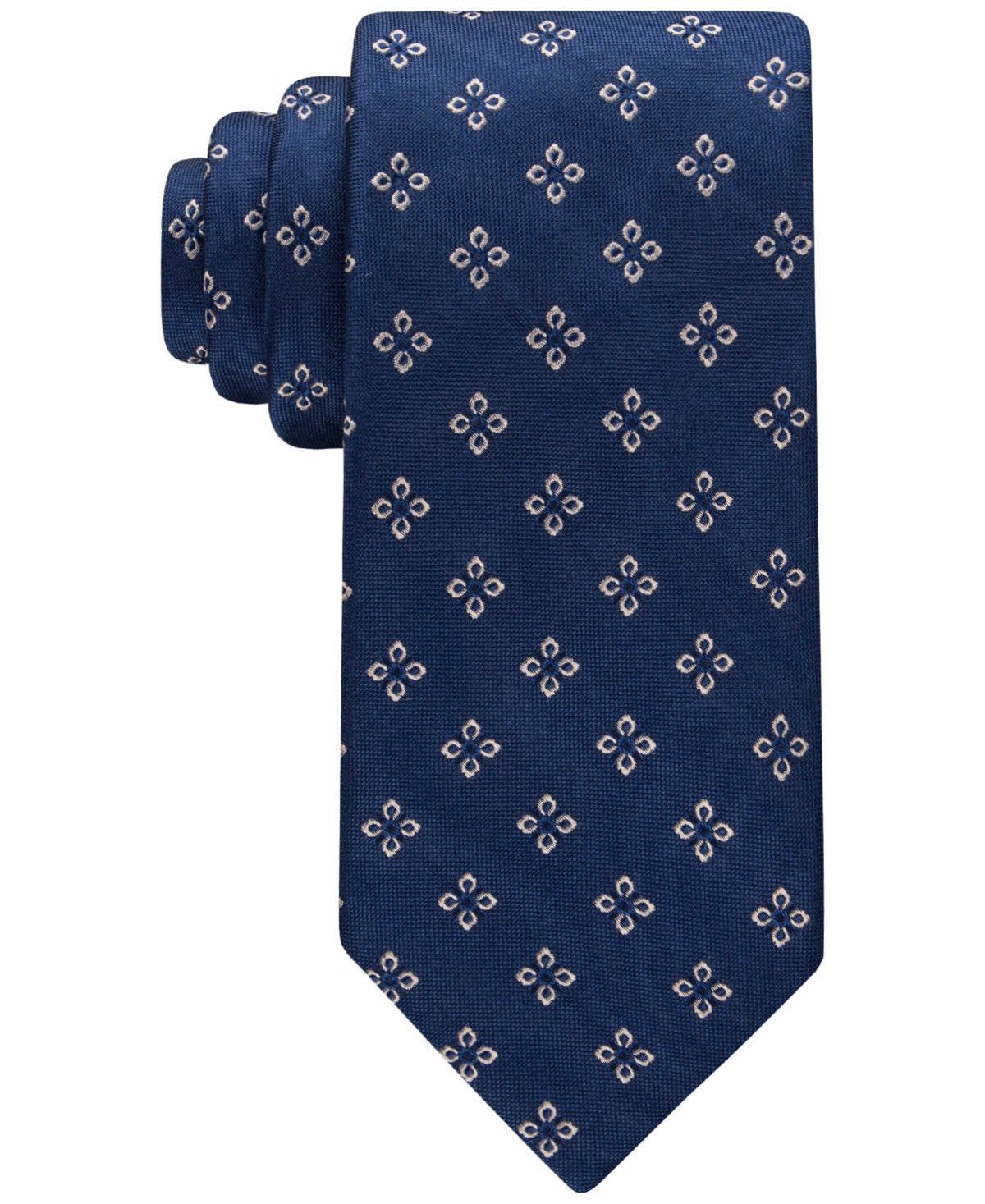 Tommy Hilfiger Men's Classic Flower Medallion Neat Tie Navy Blue Beige Necktie