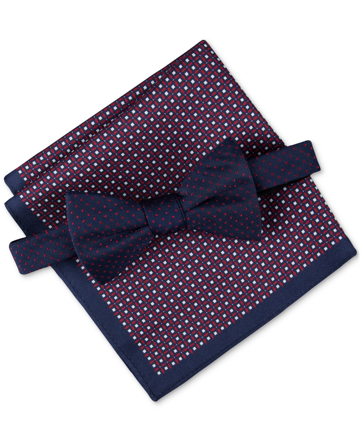 Tommy Hilfiger Mens Polka Dot Bow Tie and Pocket Square Set Navy Red