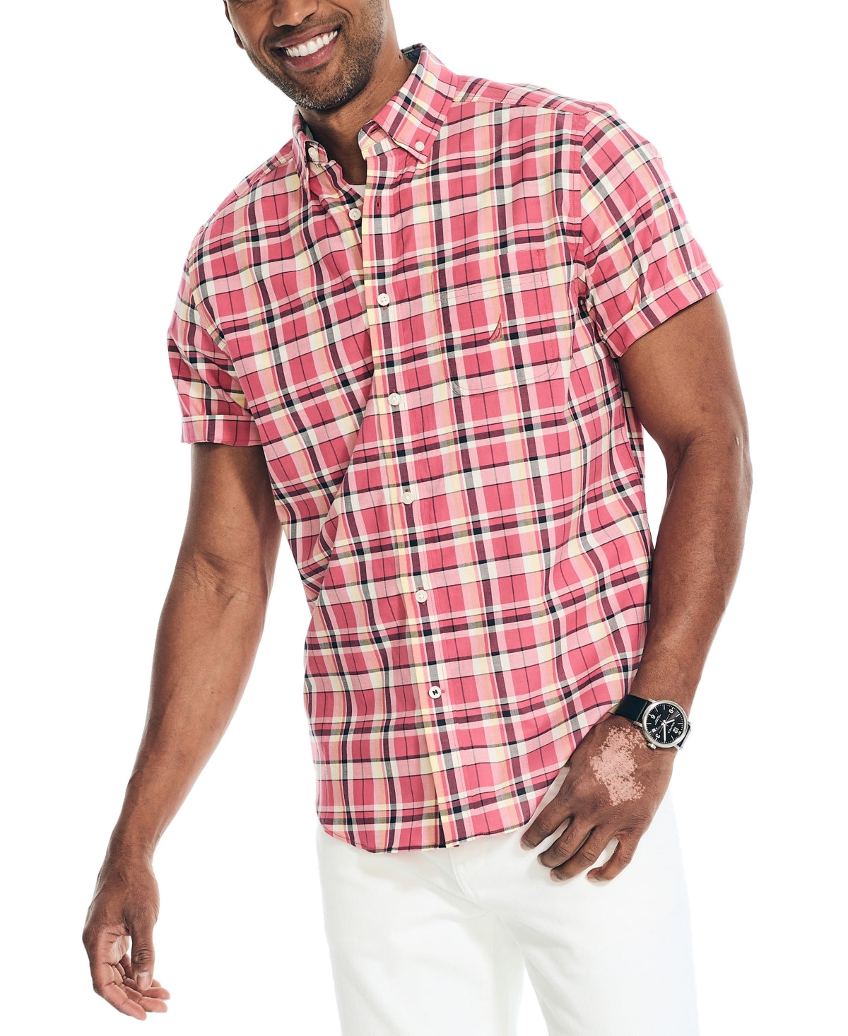 Nautica Men's Classic Fit Plaid Short Sleeve Button Down Shirt Pink Large