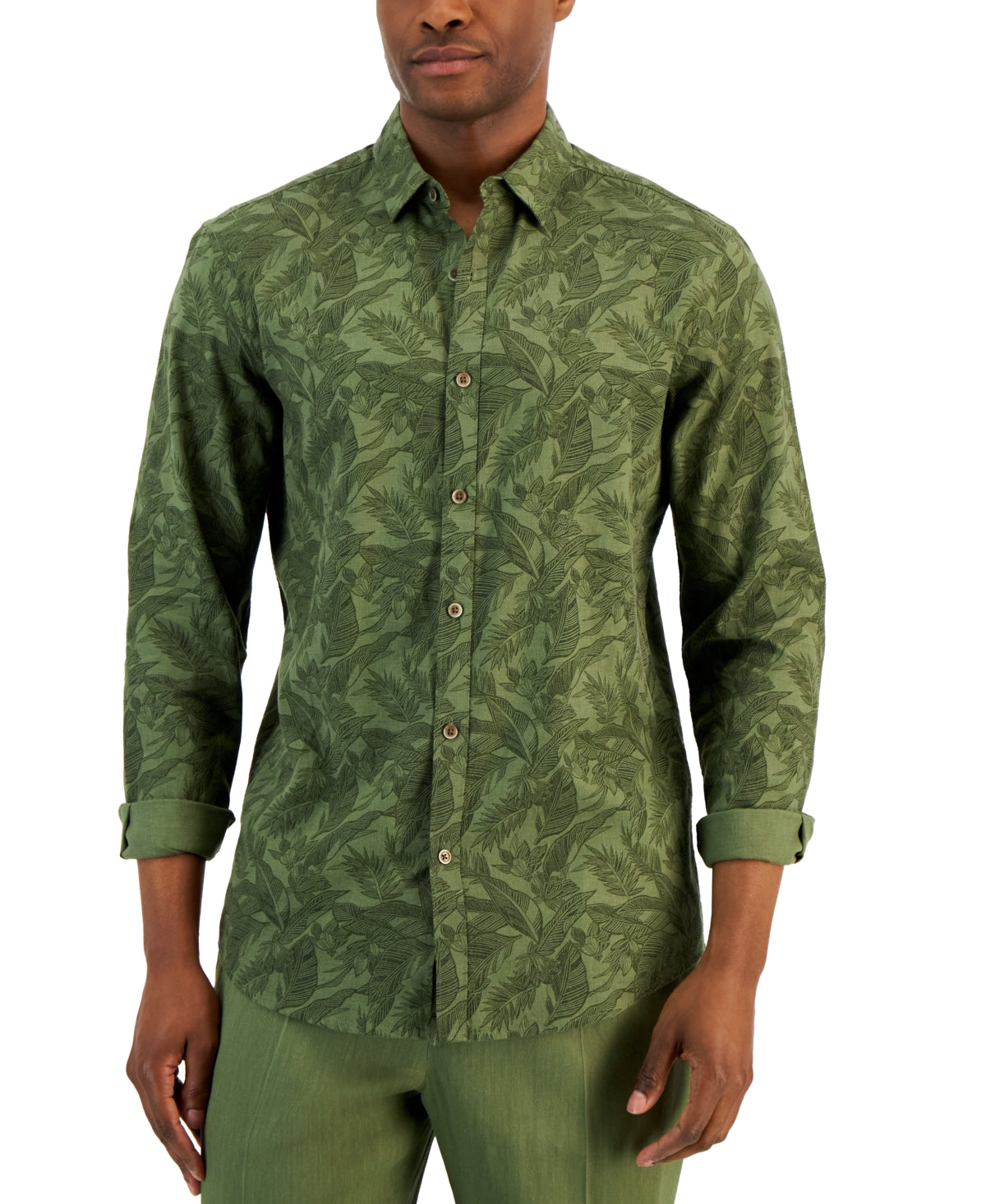 Alfani Men's Suroeste Floral Button Down Shirt Military Soil Green Large