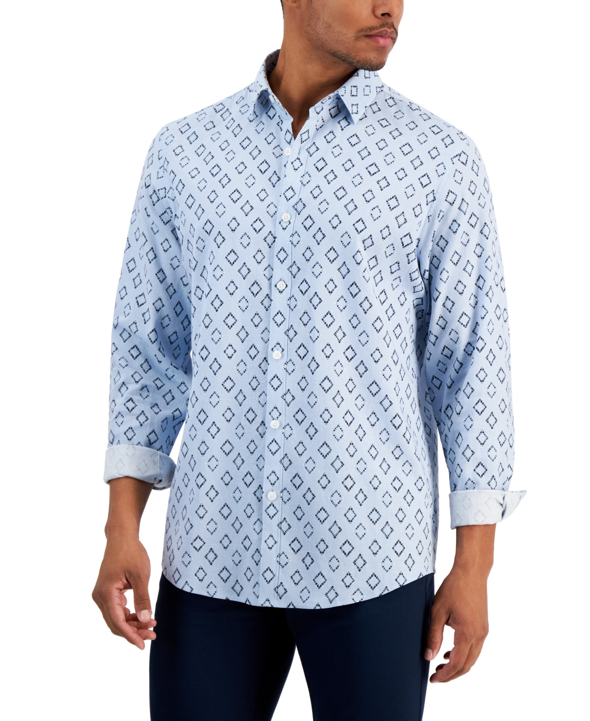 Alfani Mens Bachi Geo Print Button Down Shirt Croquis Blue Medium