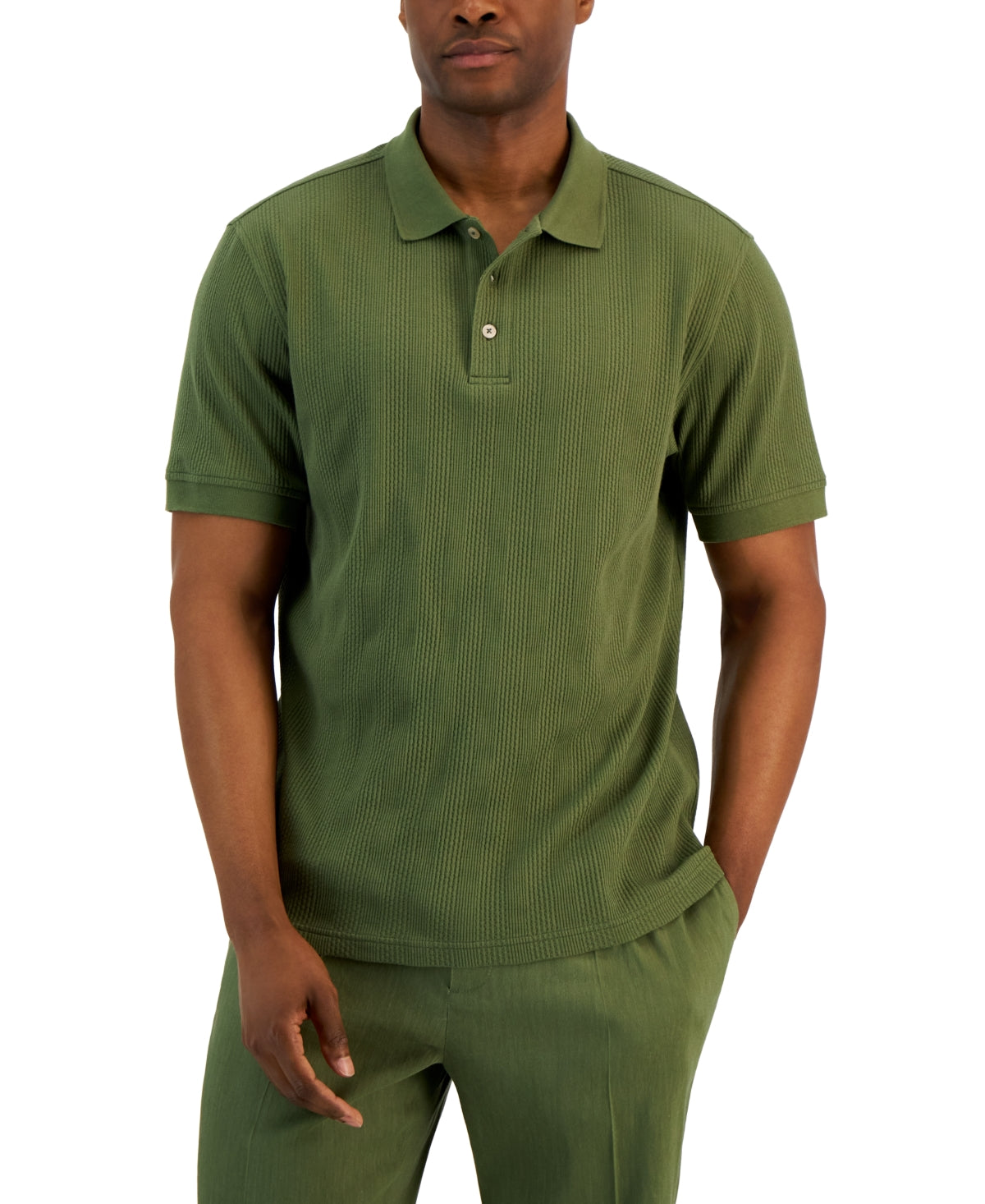 Alfani Men's Stretch Textured Stripe Jacquard Polo Shirt Green 2XL