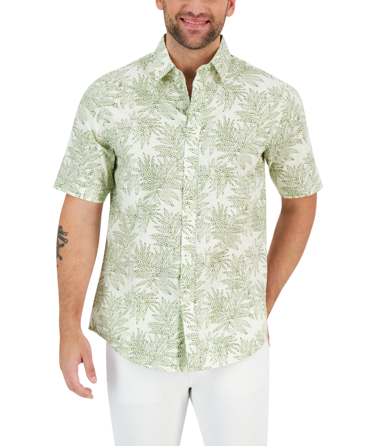 Club Room Mens Short Sleeve Button Down Shirt Leaf Medallion Cactus Green Medium