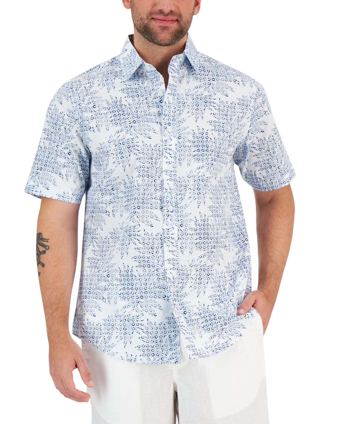 Club Room Men's Short Sleeve Button Down Shirt Blue Leaf Medallion Small