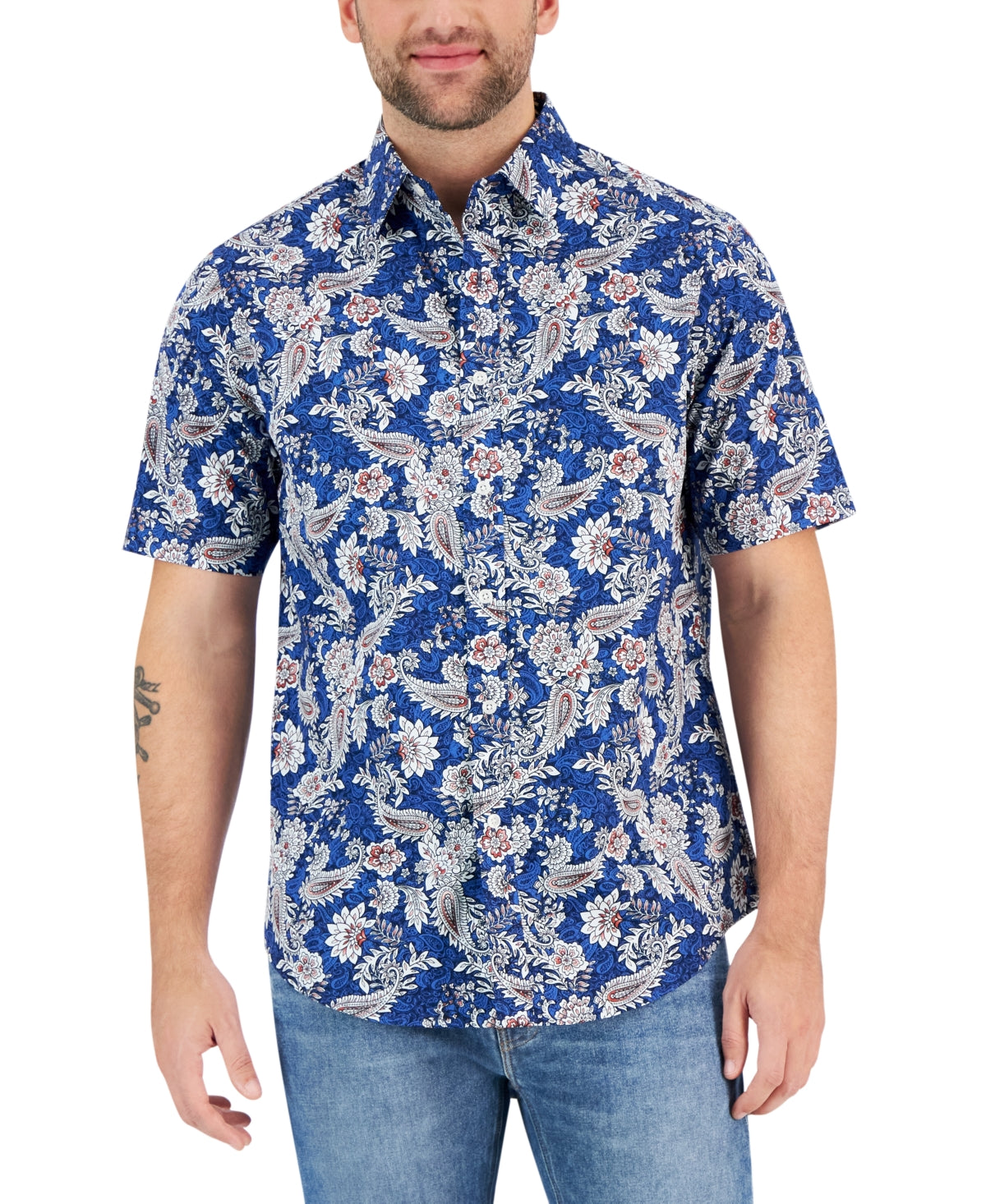 Club Room Mens Paisley Blue Short Sleeve Button Down Shirt  Combo Shirt Small