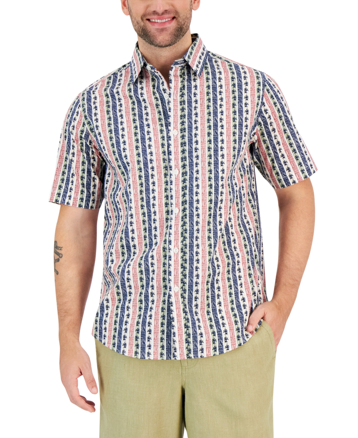 Club Room Men's Palm Stripe Short Sleeve Button Down Shirt Blue White Small