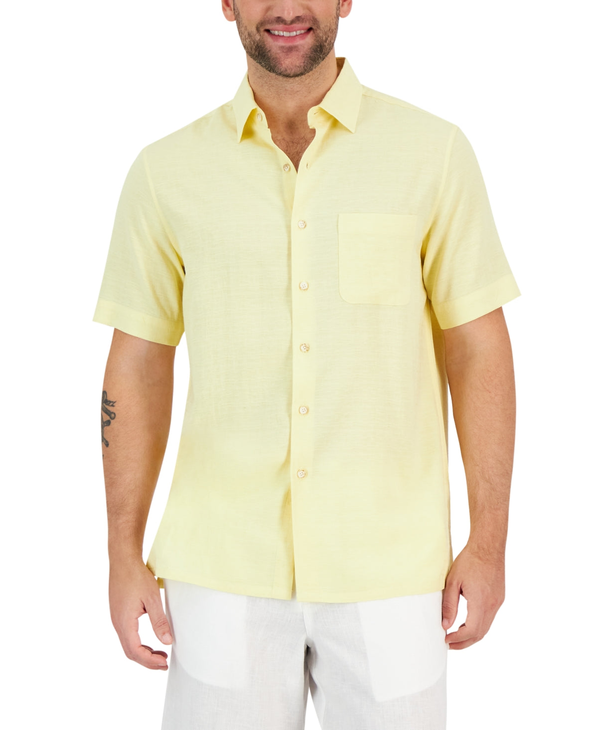 CLUB ROOM Men's Textured Short Sleeve Button Down Shirt Yellow Medium
