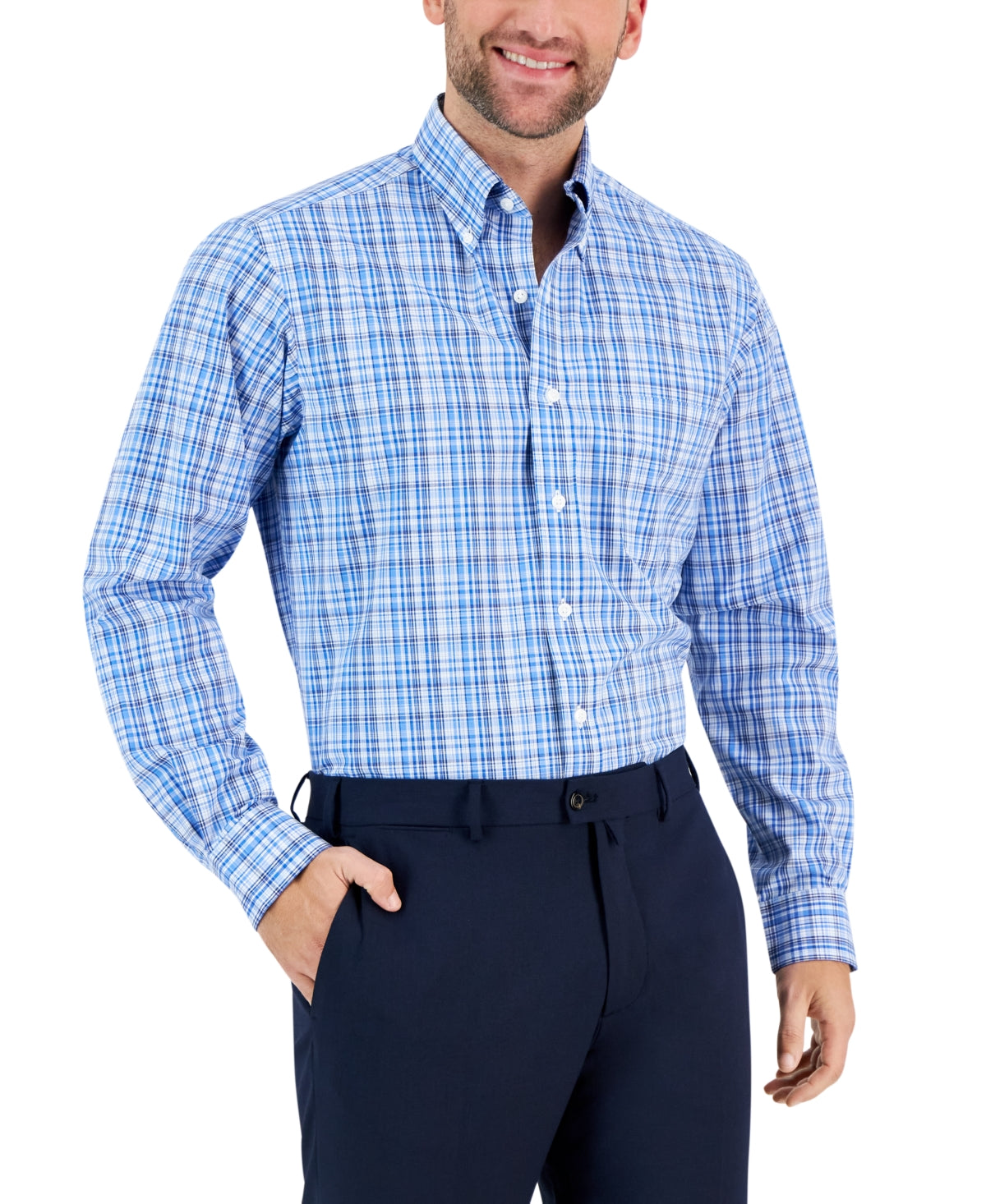Club Room Men's Regular Fit Plaid Button Down Dress Shirt Blue 15.5 34 35