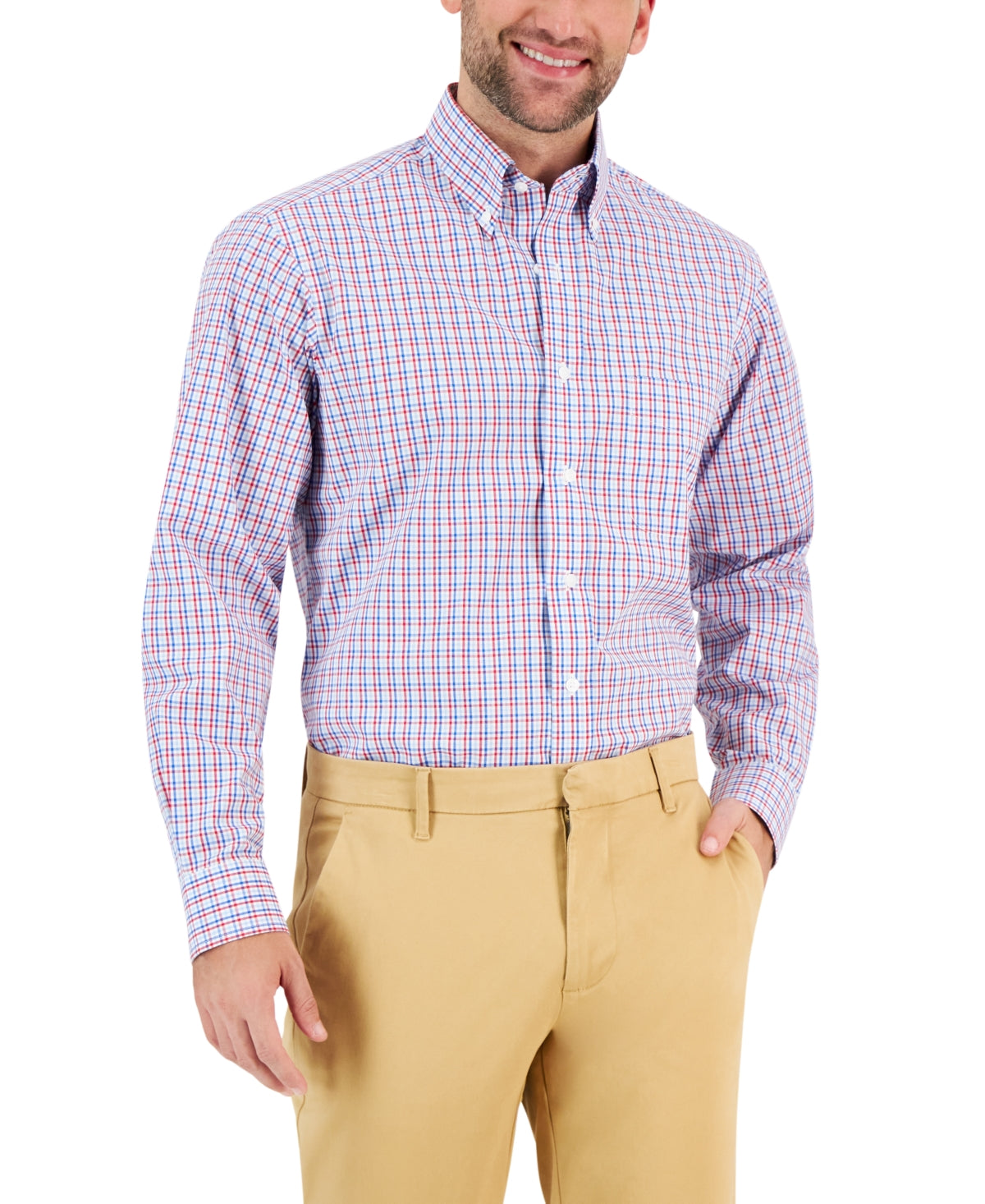 Club Room Men's Regular Fit Plaid Button Down Dress Shirt Red Blue 17 36 37