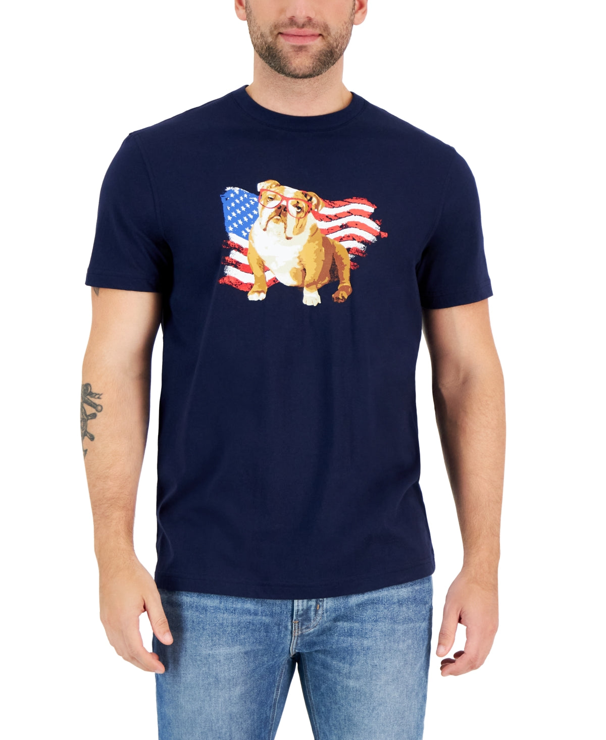 Club Room Men's Bulldog Flag Graphic T Shirt Navy Blue Combo Large