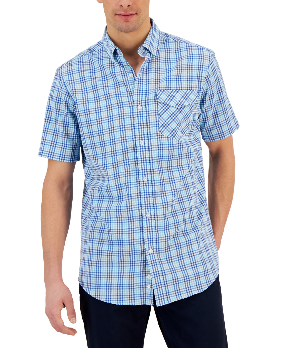 CLUB ROOM Mens Short Sleeve Flamingo Plaid Tech Woven Shirt Blue Medium