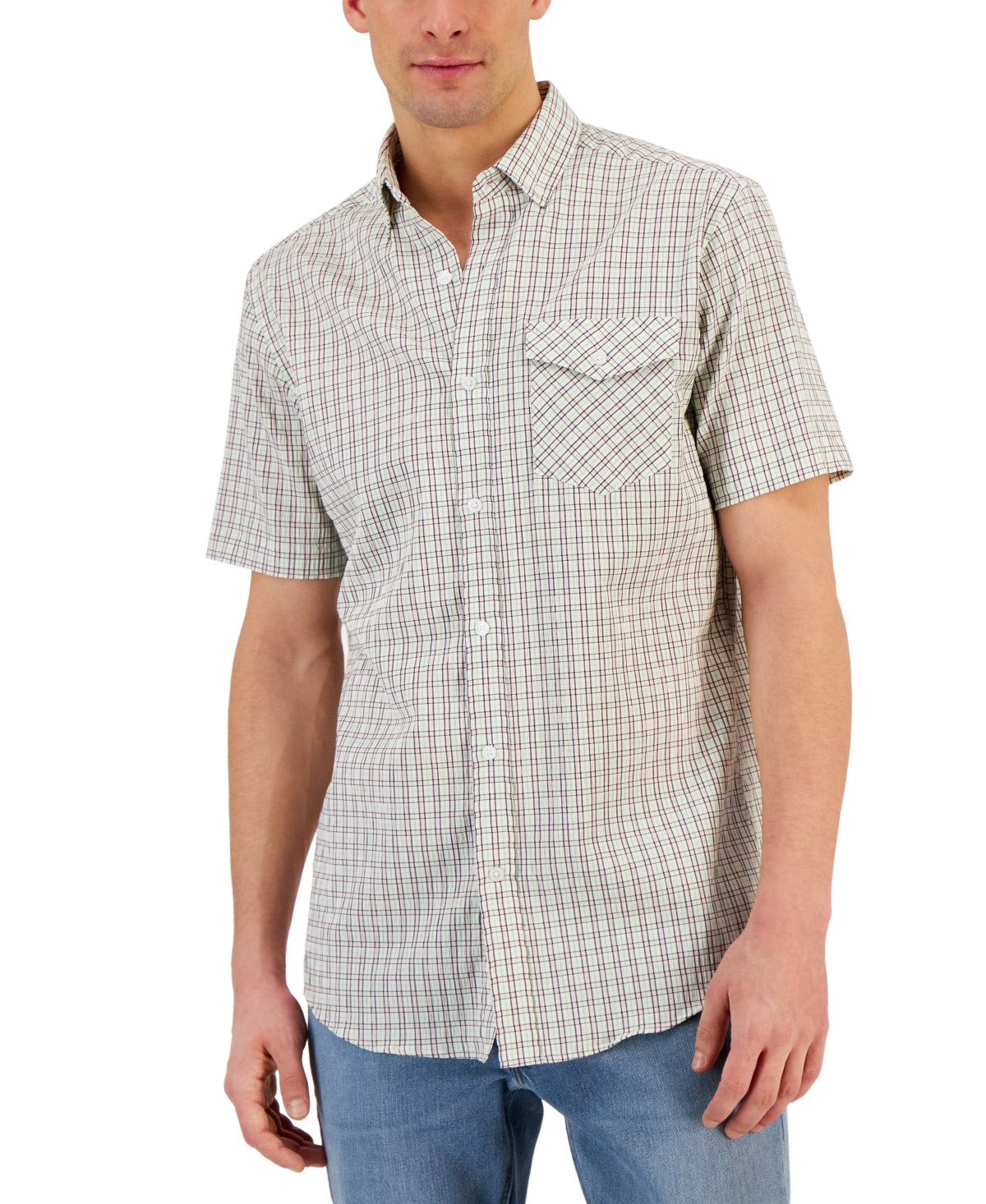 Club Room Mens Short Sleeve Flamingo Plaid Tech Woven Shirt Pink Combo Large