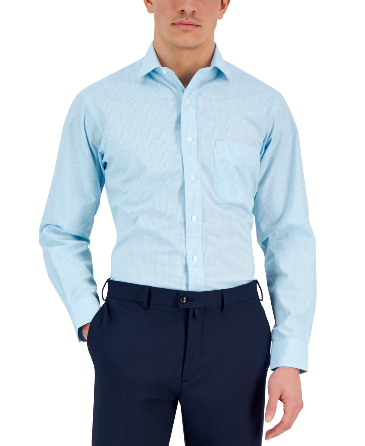 Club Room Classic Fit Turquoise Blue Glen Plaid Dress Shirt 16 34 - 35