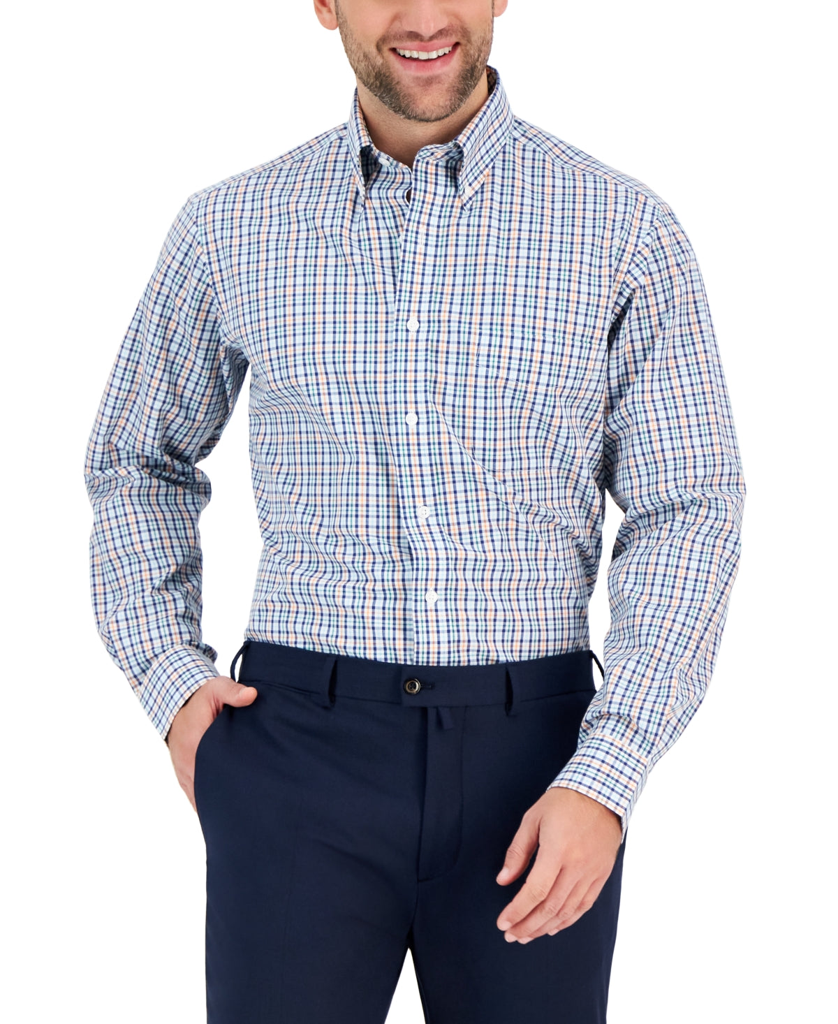 Club Room Mens Ditto Plaid Button Down Dress Shirt Navy Orange 16 32/33