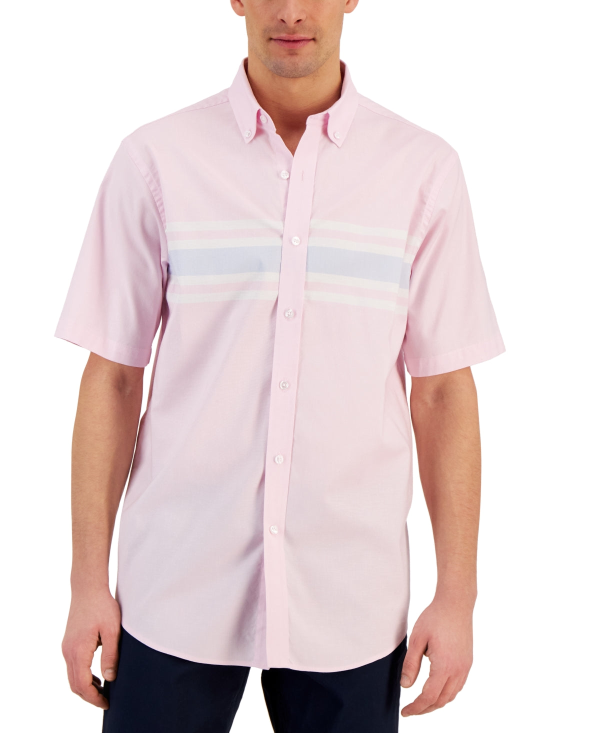 Club Room Men's Short Sleeve Chest Stripe Button Down Shirt Pink Combo Small