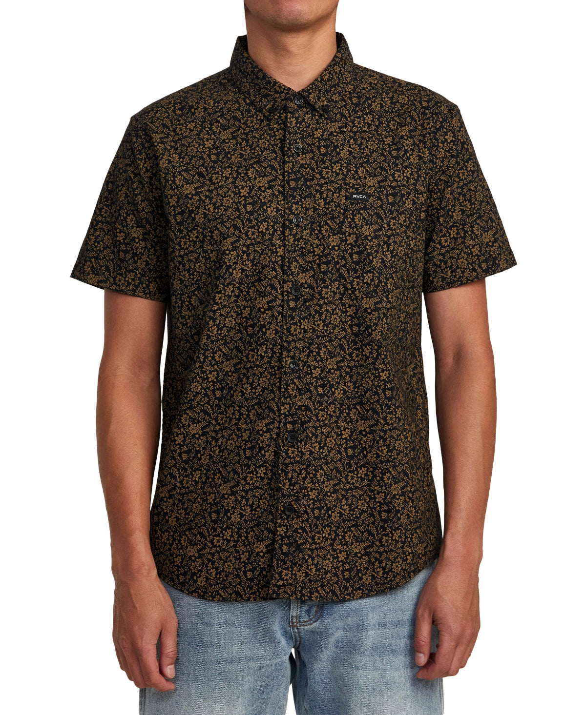 Rvca Men's That'll Do Print Woven Short Sleeve Button Down Shirt Black Small