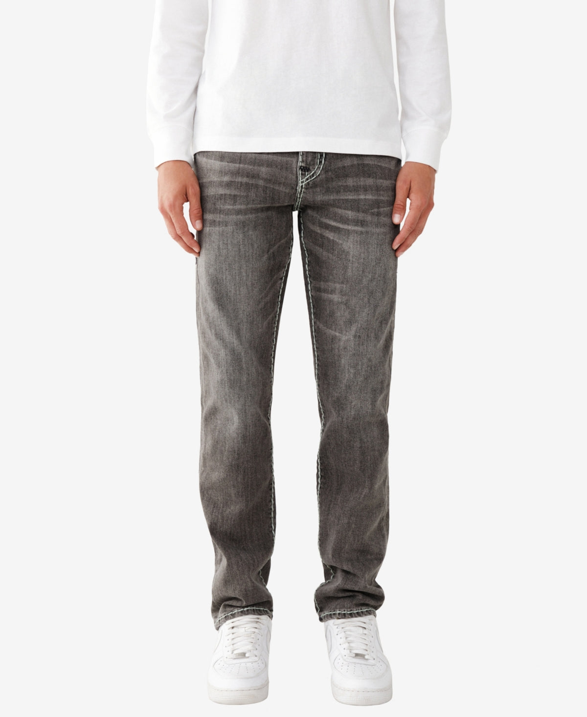 True Religion Men's Geno Flap Big T Destroyed Straight Leg Jeans Grey Wash 32
