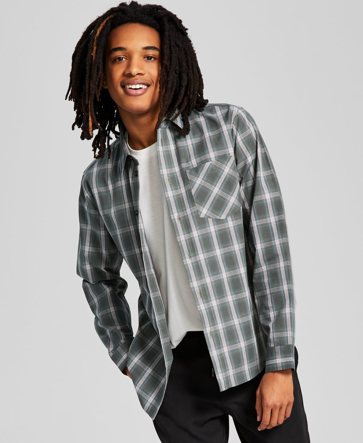 And Now ThisMens Woven Plaid Long-Sleeve Button Down Cotton Shirt Green Small