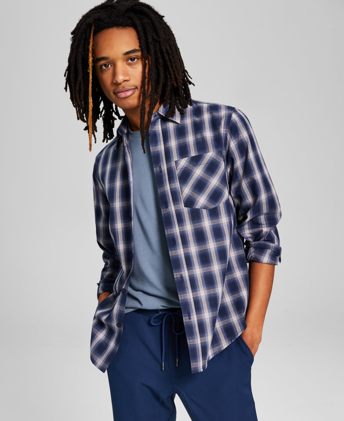 And Now This Mens Woven Blue Plaid Long Sleeve Button Down Shirt Medium