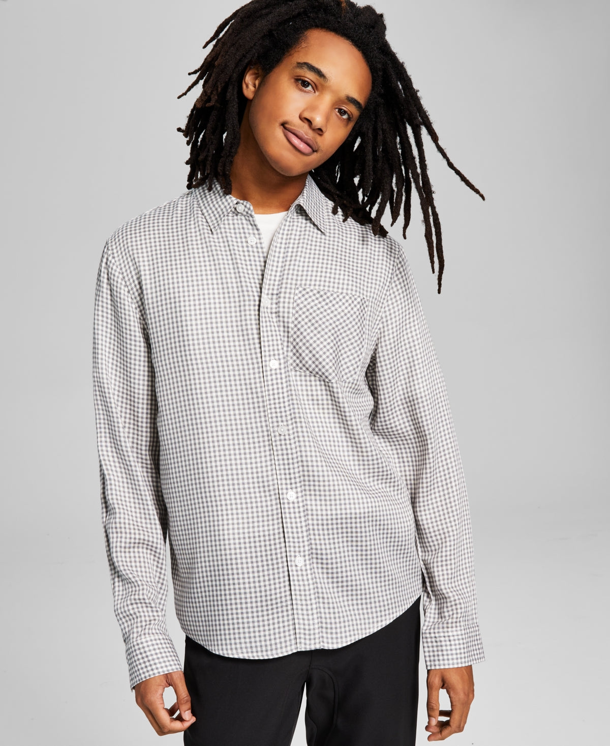 And Now This Men's Mini Check Long Sleeve Button Down Shirt Grey XL
