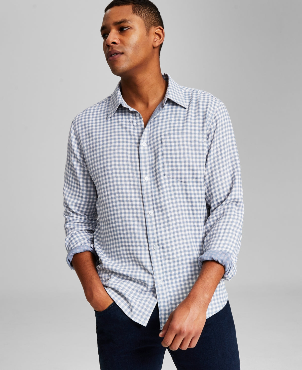 And Now This Men's Mini Check Long-Sleeve Button Down Shirt Blue Medium