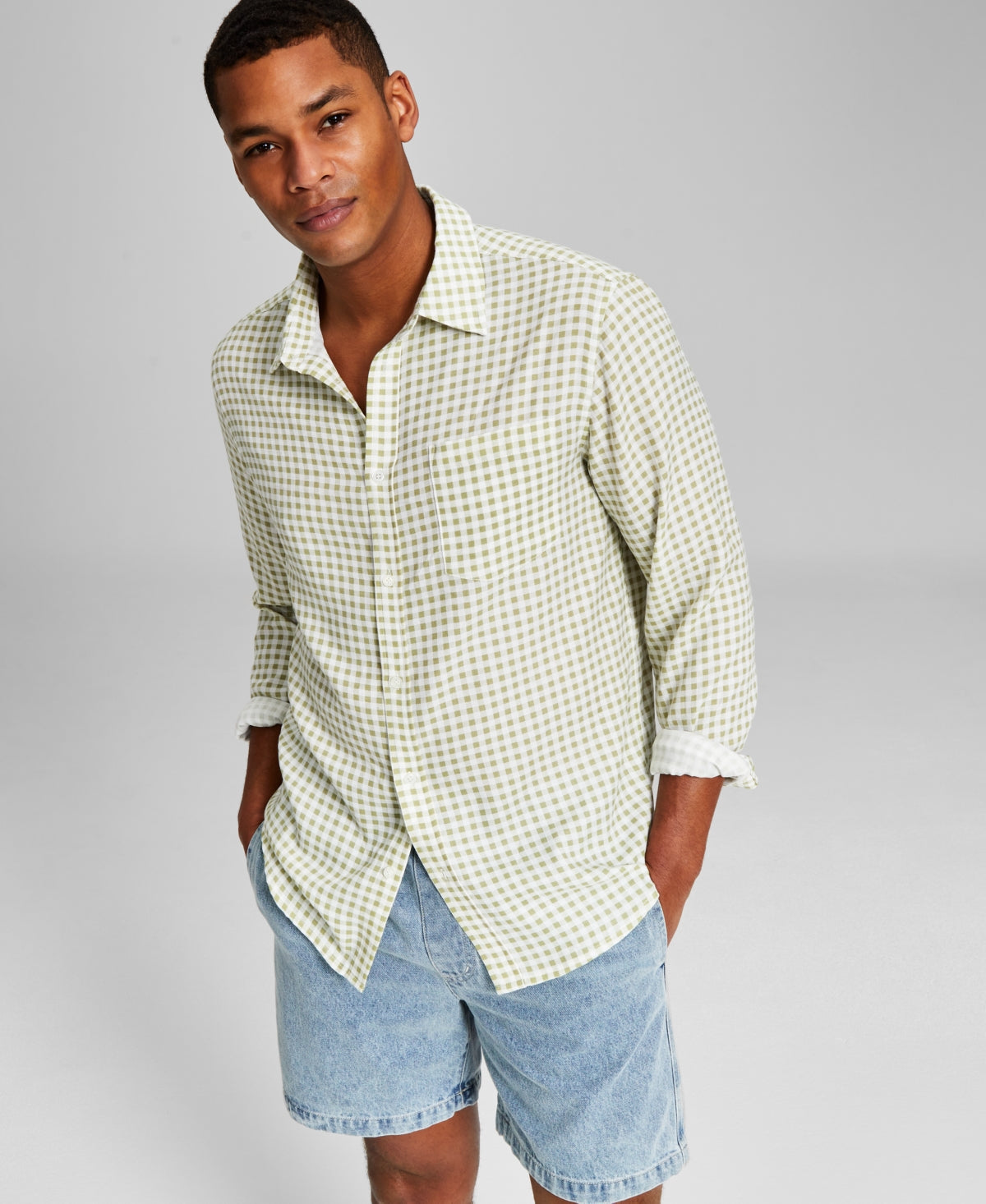 And Now This Men's Mini Check Long-Sleeve Button Down Shirt Green Medium