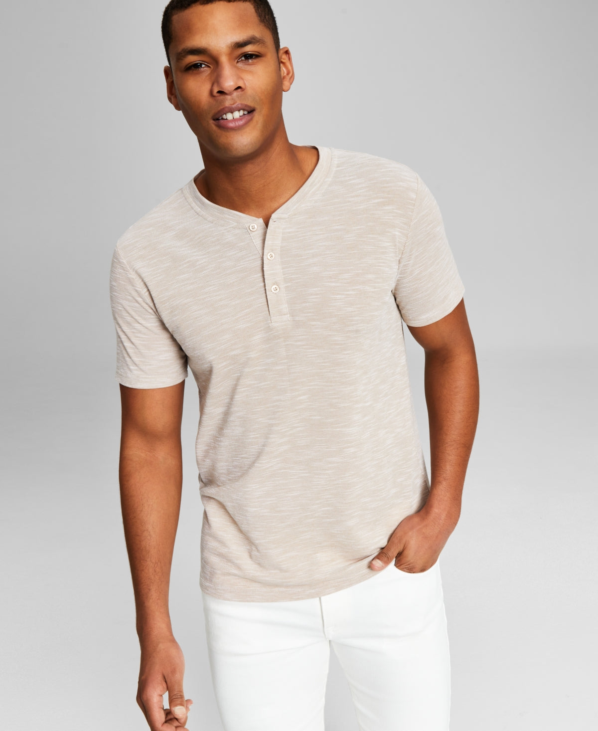And Now This Men's Textured Short Sleeve Henley T Shirt Beige XL