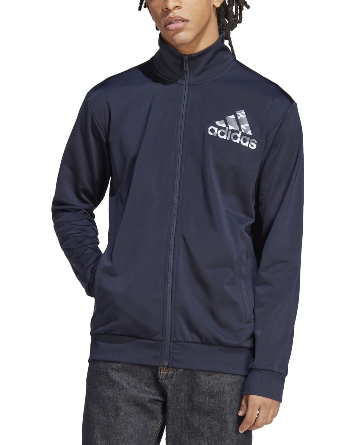 Adidas Men's Badge of Sport Camo Logo Full Zip Jacket Large Navy Blue