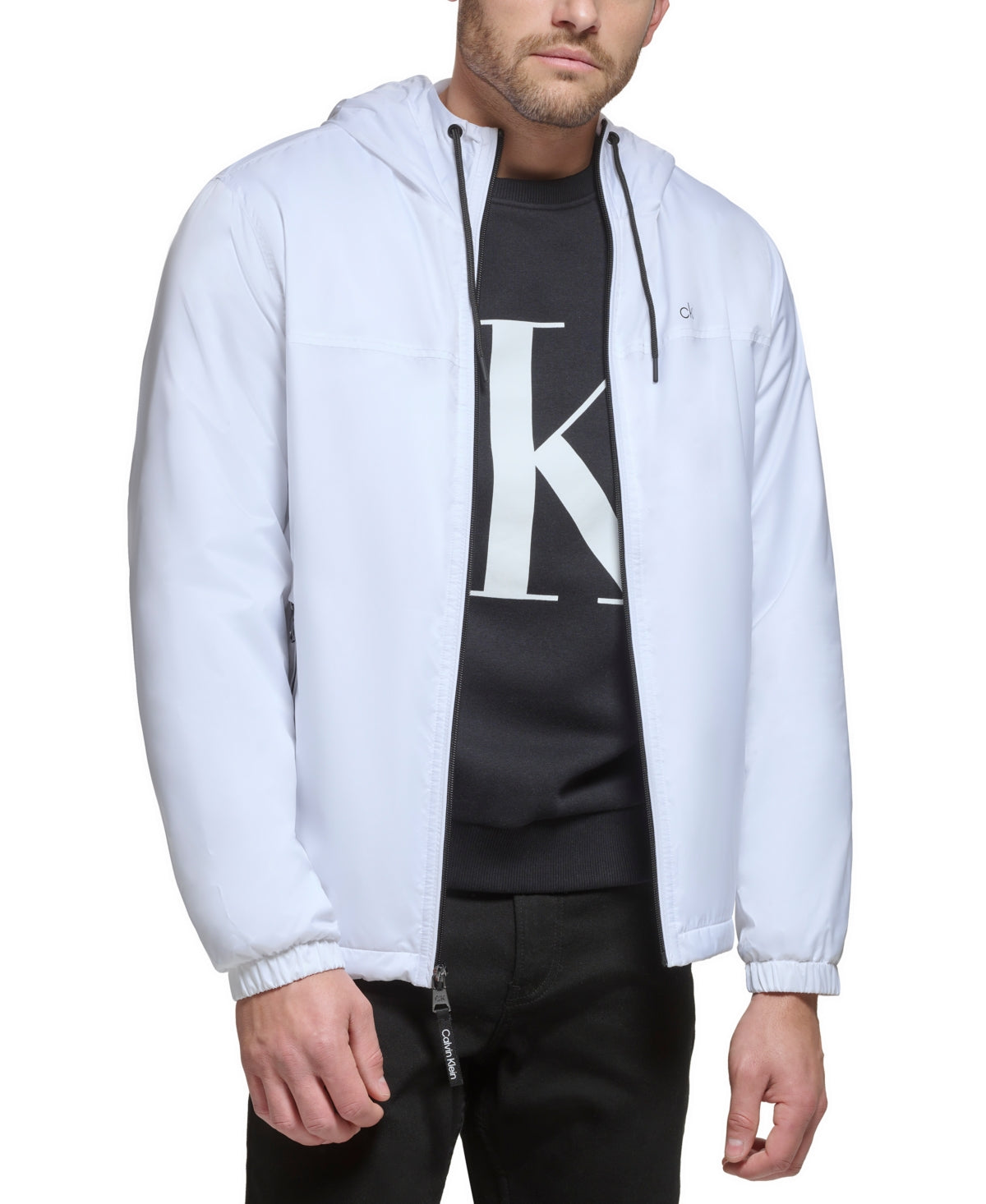 Calvin Klein Mens Windbreaker Coat Hooded Large White Solid