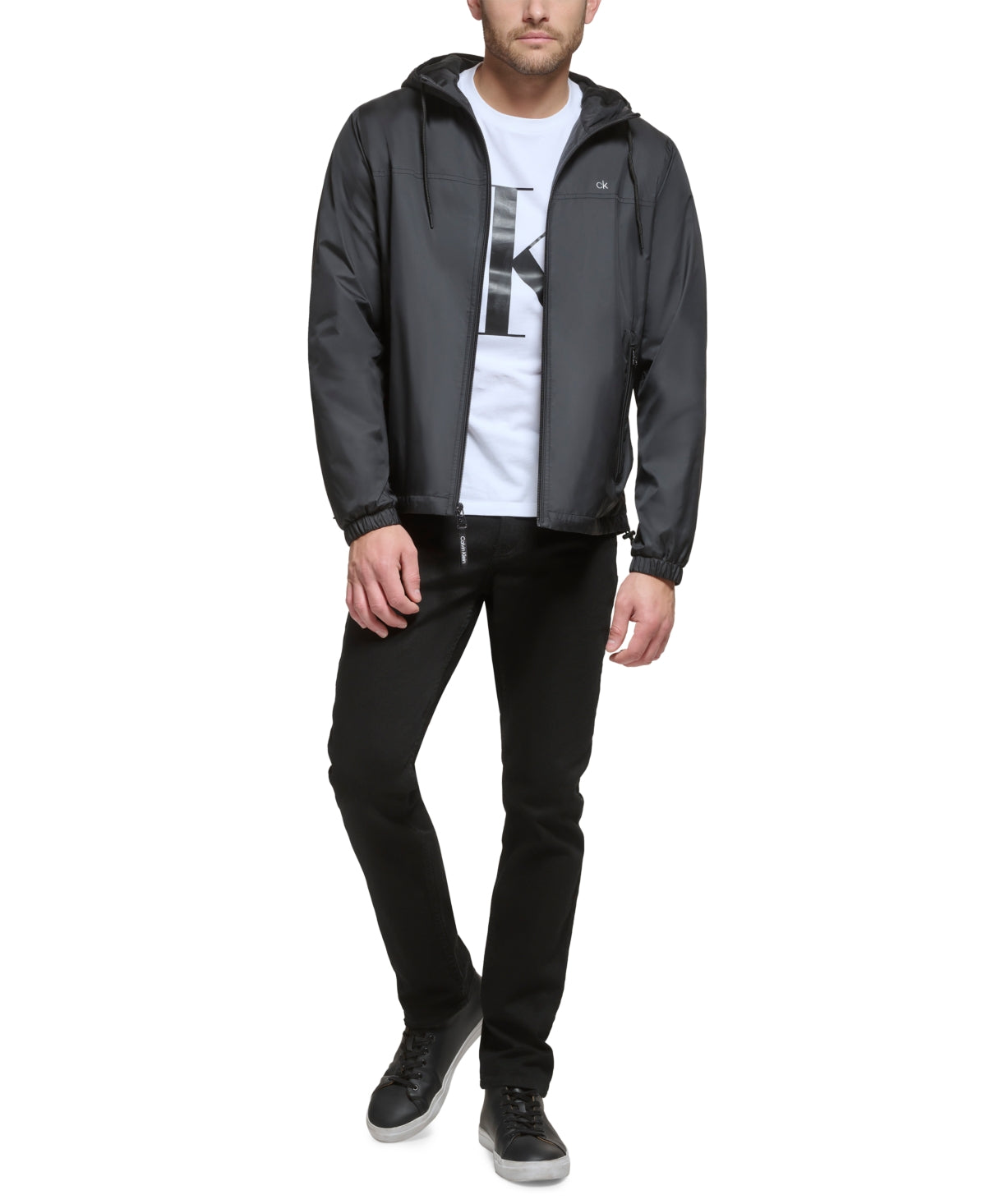 Calvin Klein Mens Windbreaker Hooded Coat XL Black Solid