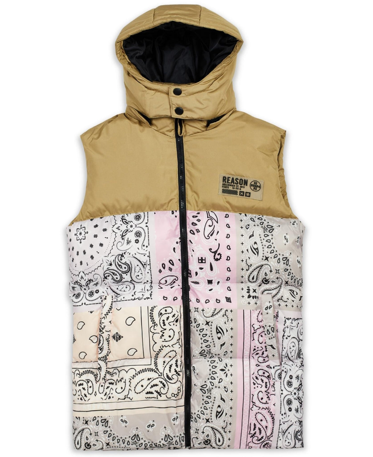 Reason Mens Paisley Puffer Vest Multi Color Tan Pink Medium