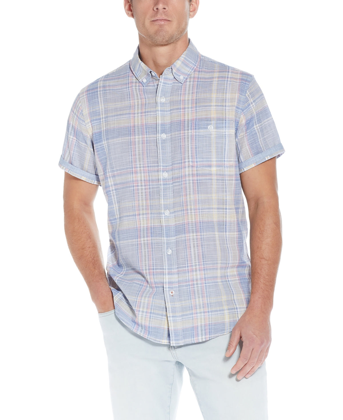 WEATHERPROOF VINTAGE Men's Linen Cotton Short Sleeve Button Down Shirt Blue Small