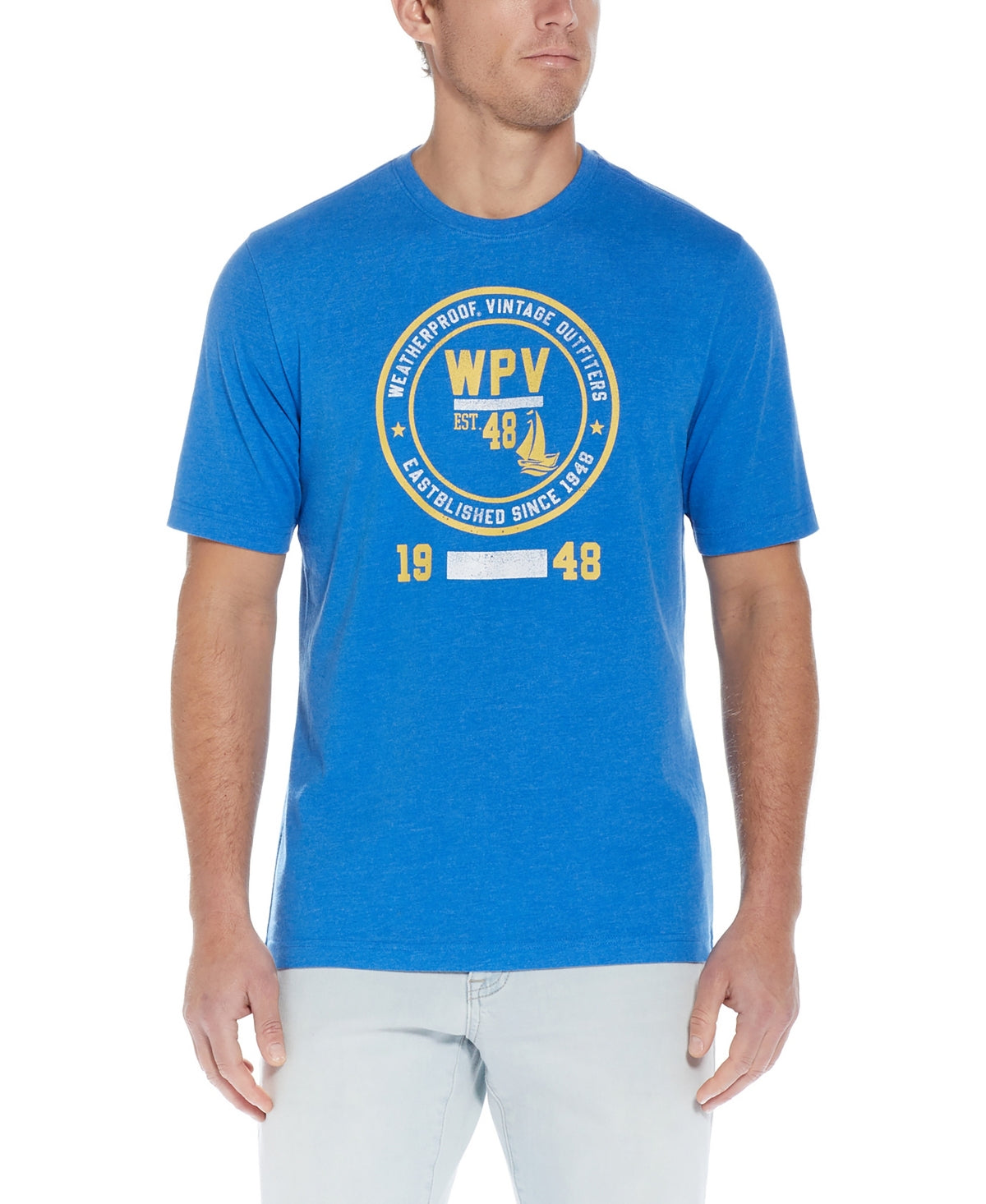 Vintage Mens Weatherproof Grapic Short Sleeve Crewneck T Shirt Royal Blue Small