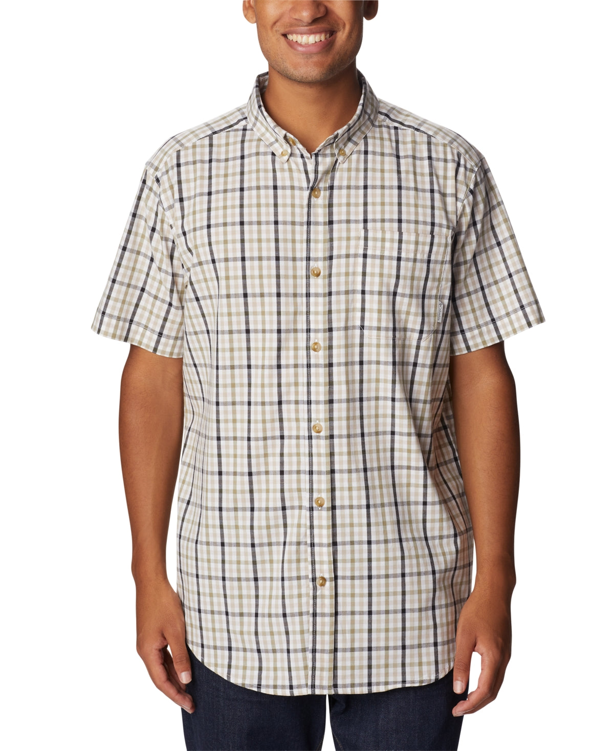 Columbia Mens Regular fit Short Sleeve Button-Up Shirt XL Beige Plaid