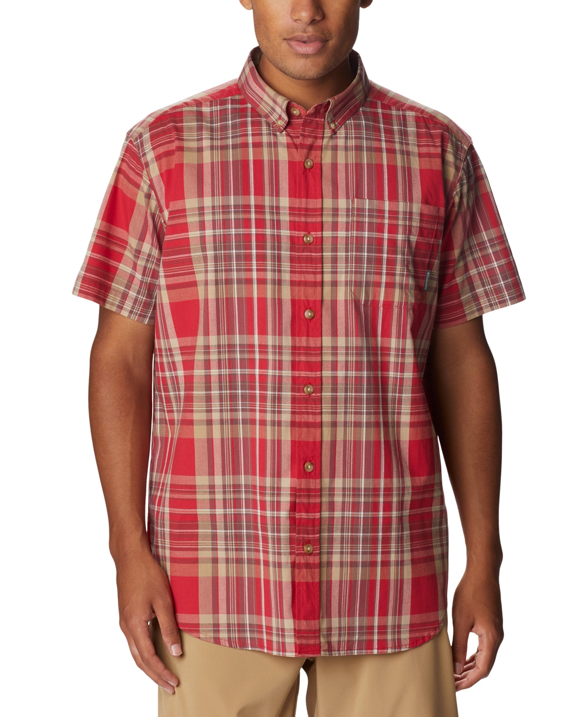 Columbia Mens Rapid Rivers Plaid Short Sleeve Button Down Shirt Red Small