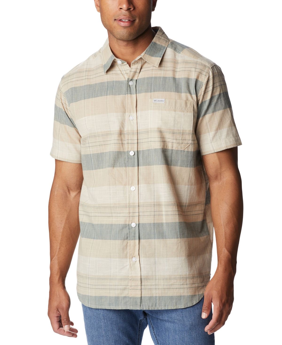 Columbia Men's Rapid Rivers Novelty Short Sleeve Button Down Shirt Beige Small