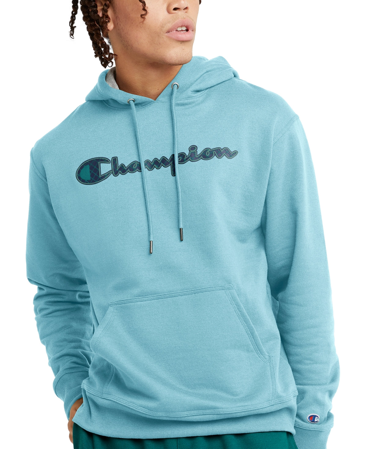 Champion Men's Powerblend Logo-Graphic Hoodie Sweatshirt Large Ocean Blue