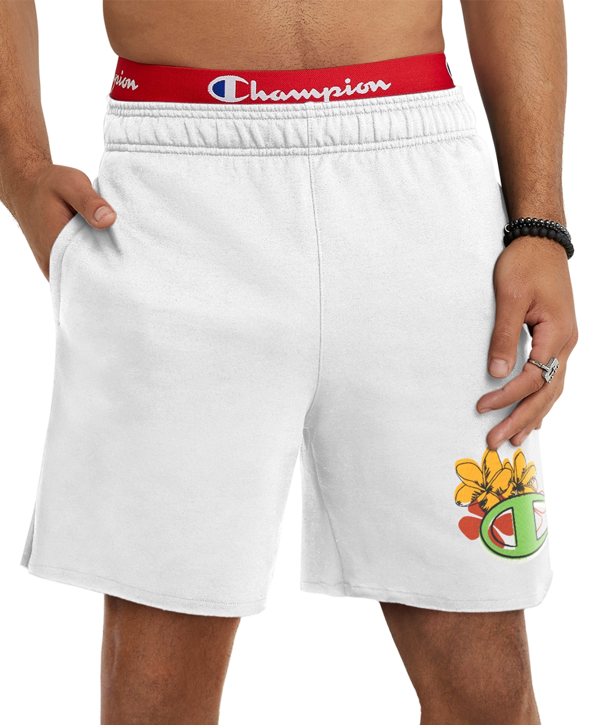 Champion Men's Powerblend Standard Fit Logo Print 7" Fleece Shorts White Medium