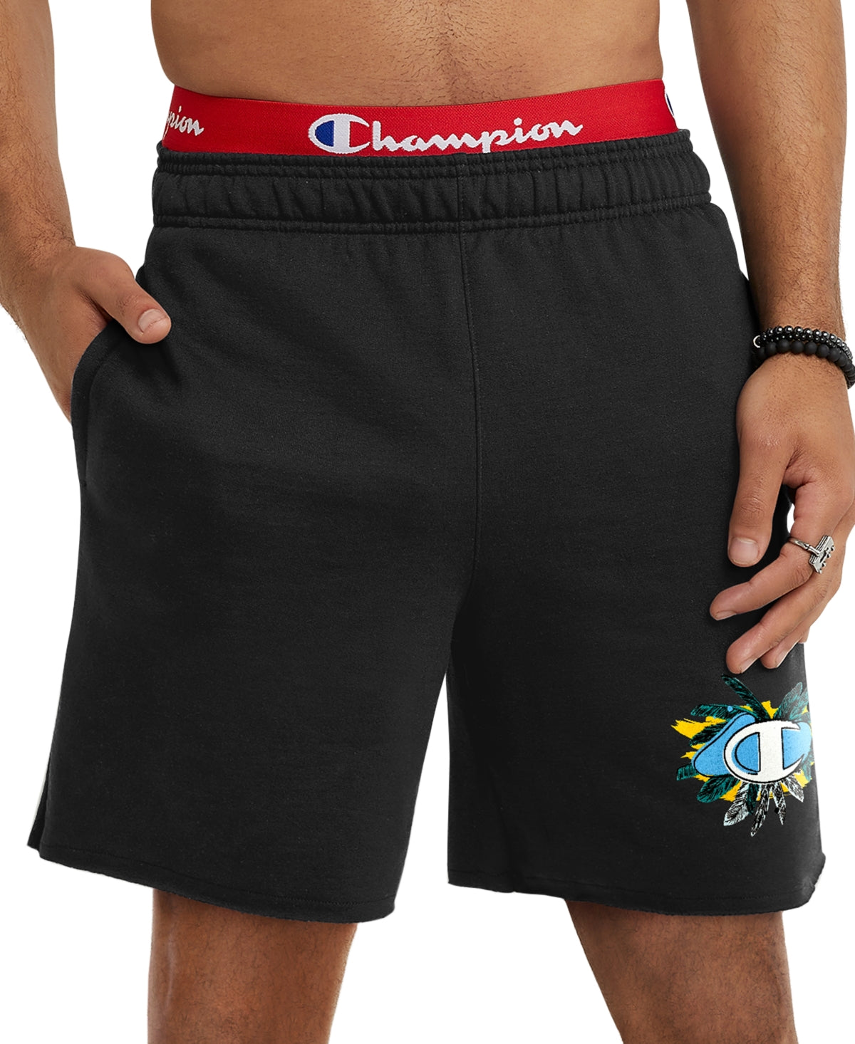 Champion Men's Powerblend Standard Fit Logo Print 7 Fleece Shorts Black Medium